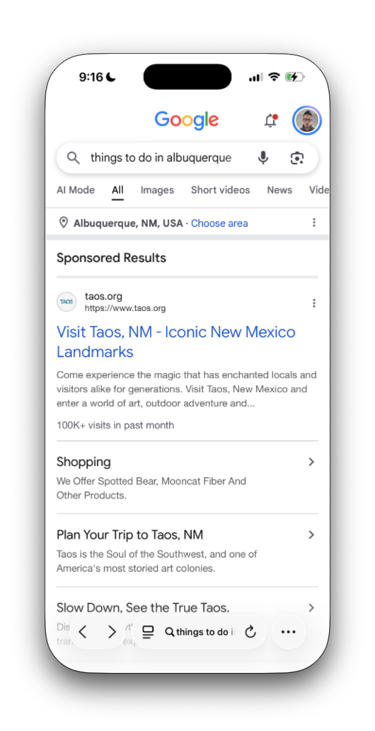 Google results on an iPhone for “things to do in albuquerque”. The first screen is a sponsored result for taos.org, “Visit Taos, NM – Iconic New Mexico Landmarks”, with three extra links below it.