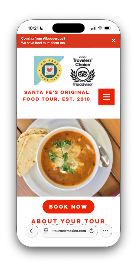 The same page with a red notice at the top: “Coming from Albuquerque? We have food tours there too.” and a close button.