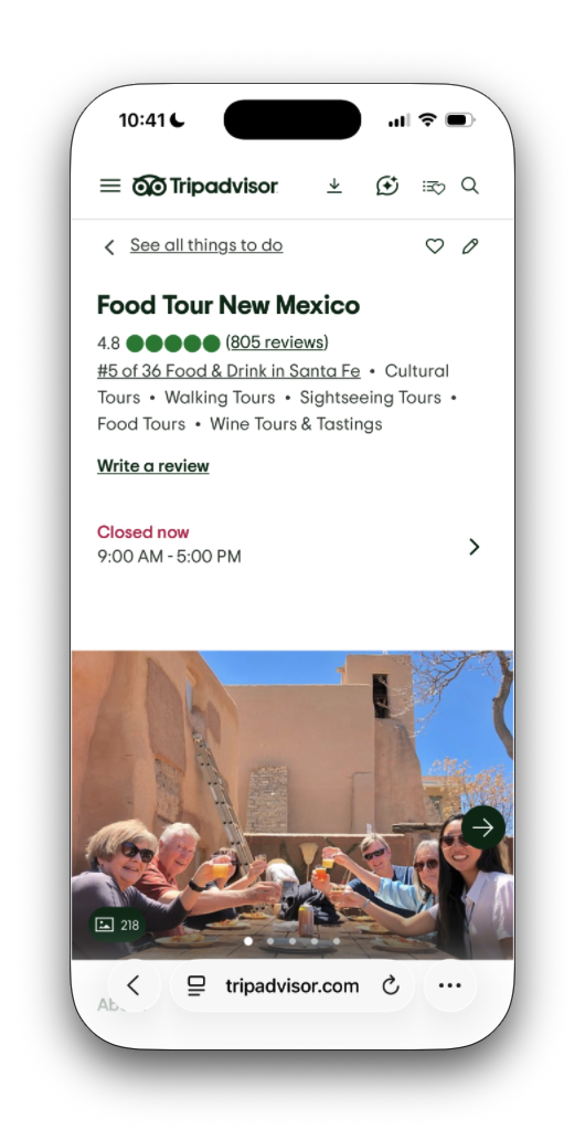 The Food Tour New Mexico listing on Tripadvisor: 4.8 from 805 reviews, #5 of 36 Food and Drink in Santa Fe, with a “See all things to do” link at the top.