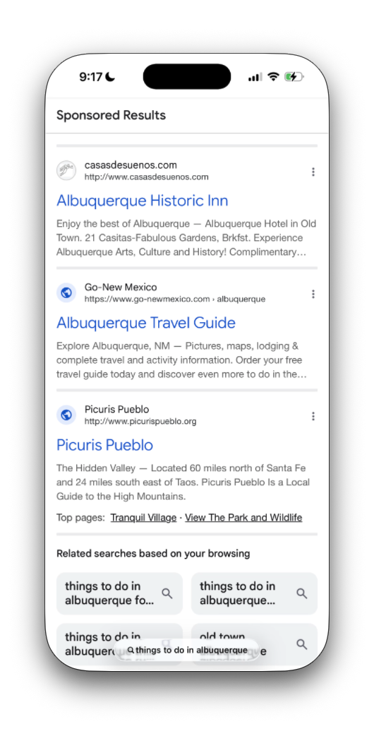 More sponsored results for the same search: Albuquerque Historic Inn on casasdesuenos.com, Albuquerque Travel Guide on go-newmexico.com, and Picuris Pueblo on picurispueblo.org.