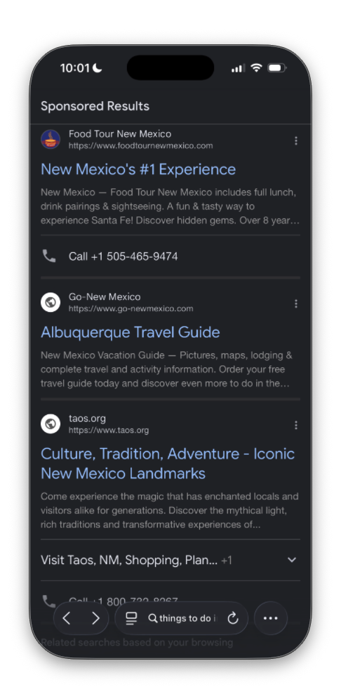 More sponsored results: Food Tour New Mexico, “A fun & tasty way to experience Santa Fe!”, with a call button; Albuquerque Travel Guide on go-newmexico.com; and taos.org with a new headline, “Culture, Tradition, Adventure – Iconic New Mexico Landmarks”.