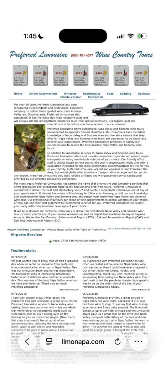 limonapa.com on an iPhone: a desktop layout shrunk to fit, with tiny text. A row of price tags at the top, $388, $359, $569, $999, $488, $579 and $735, a menu with a “Mobile Version” link, long paragraphs, and testimonials dated 2018.
