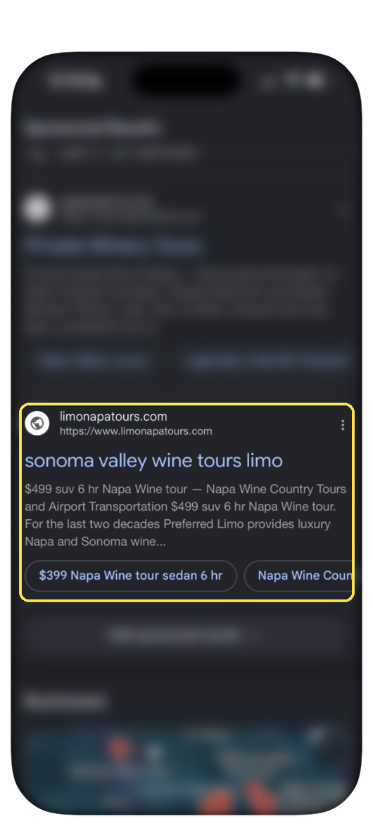 Google search results in dark mode with the Preferred Limousine ad outlined and the rest of the results blurred. The ad, from limonapatours.com, is titled “sonoma valley wine tours limo” and reads “$499 suv 6 hr Napa Wine tour”, with a link “$399 Napa Wine tour sedan 6 hr”.
