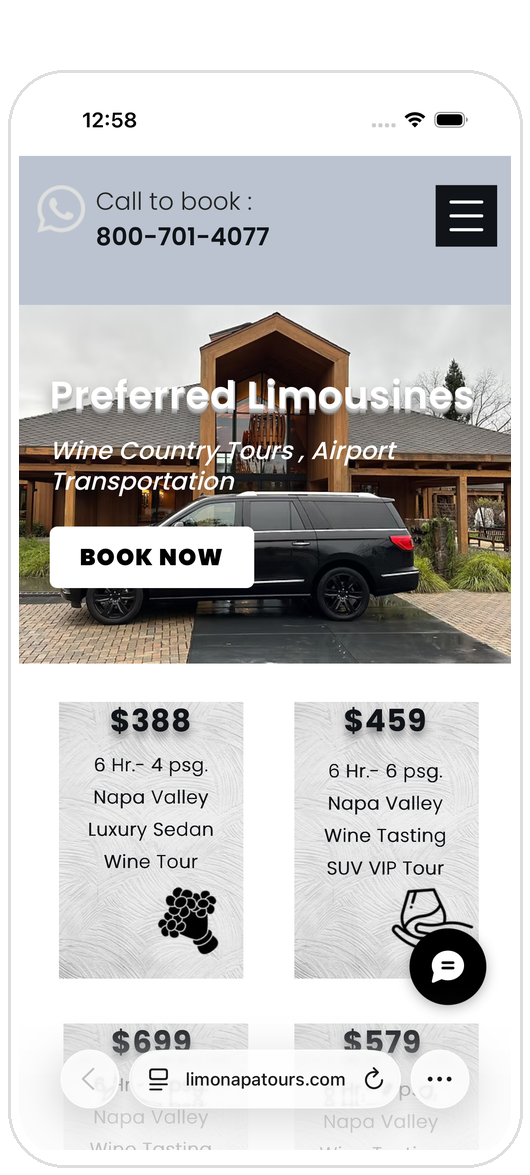 The limonapatours.com homepage on an iPhone: “Call to book: 800-701-4077”, a photo of a black SUV with “Preferred Limousines, Wine Country Tours, Airport Transportation” and a Book Now button, then price cards: $388 for a 6-hour Napa Valley luxury sedan wine tour and $459 for a 6-hour Napa Valley wine tasting SUV VIP tour.