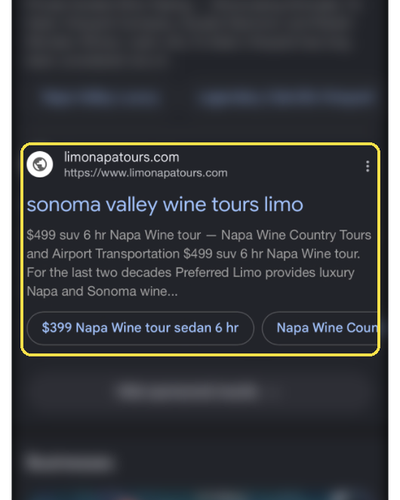 A Google ad for a Sonoma wine tour by limo, outlined, with prices of $499 and $399.